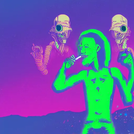 Prompt: aliens smoking weed, 4k, sharp, illustration, colorful, synthwave