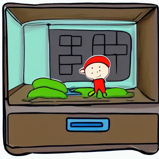 Prompt: tiny mushroom man explores an open computer case, digital art