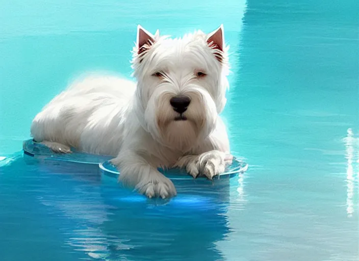 Image similar to west highland white terrier sitting by a pool, bright, reflections, intricate, sharp focus, lens flare, bloom, illustration, highly detailed, digital painting, concept art, matte, art by ruan jia and wlop and greg rutkowski, masterpiece