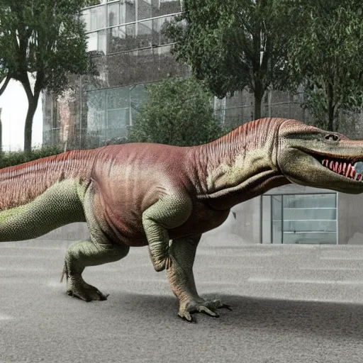 Image similar to dinosaurus in Kortrijk, photorealistic