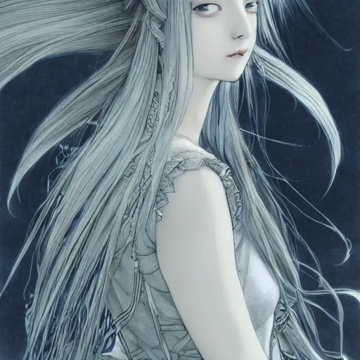 Image similar to yoshitaka amano blurred and dreamy illustration, renaissance oil portrait, realistic anime girl with long wavy white hair fluttering in the wind and black eyes wearing elden ring style armor with engraving, highly detailed, art by moon, abstraction in the background, strange camera angle, three - quarter view, noisy film grain effect, soft light, dark mood