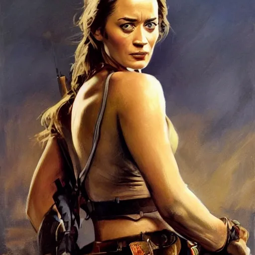 Image similar to ultra realistic portrait painting of emily blunt as a western outlaw, art by frank frazetta, 4 k, ultra realistic, highly detailed, epic lighting