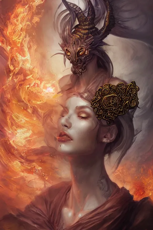 Image similar to beautiful girl sorcerer looking up with fire and golden dragon skin, celtic rune tattoos, casting magic spell, angel, fantasy, magic the gathering, hyper detailed, 3 d render, hyper realistic detailed portrait, peter mohrbacher, wlop, ruan jia, luis royo