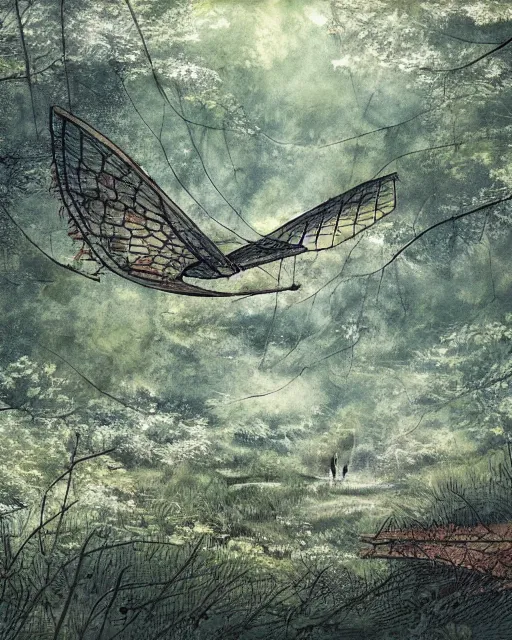 Prompt: ornithopter abandoned in a forest, illustration by hiro isono, art station