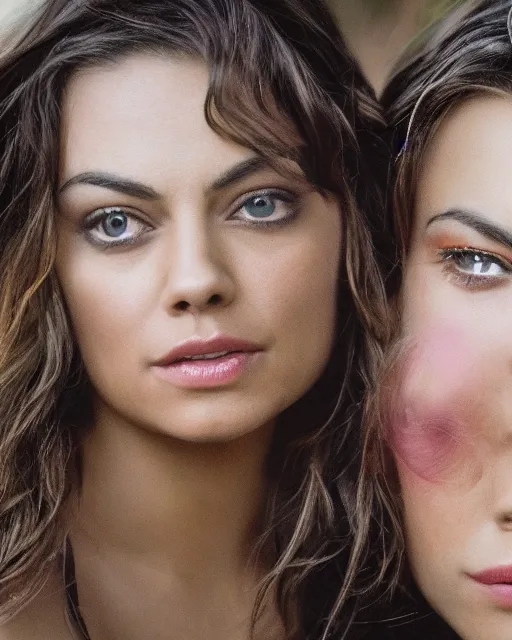 Image similar to portrait of mila kunis and margot robbie, iq 4, f / 1. 4, iso 2 0 0, 1 / 1 6 0 s, 8 k, sense of depth, in - frame, colorful, photograph by steve mccurry