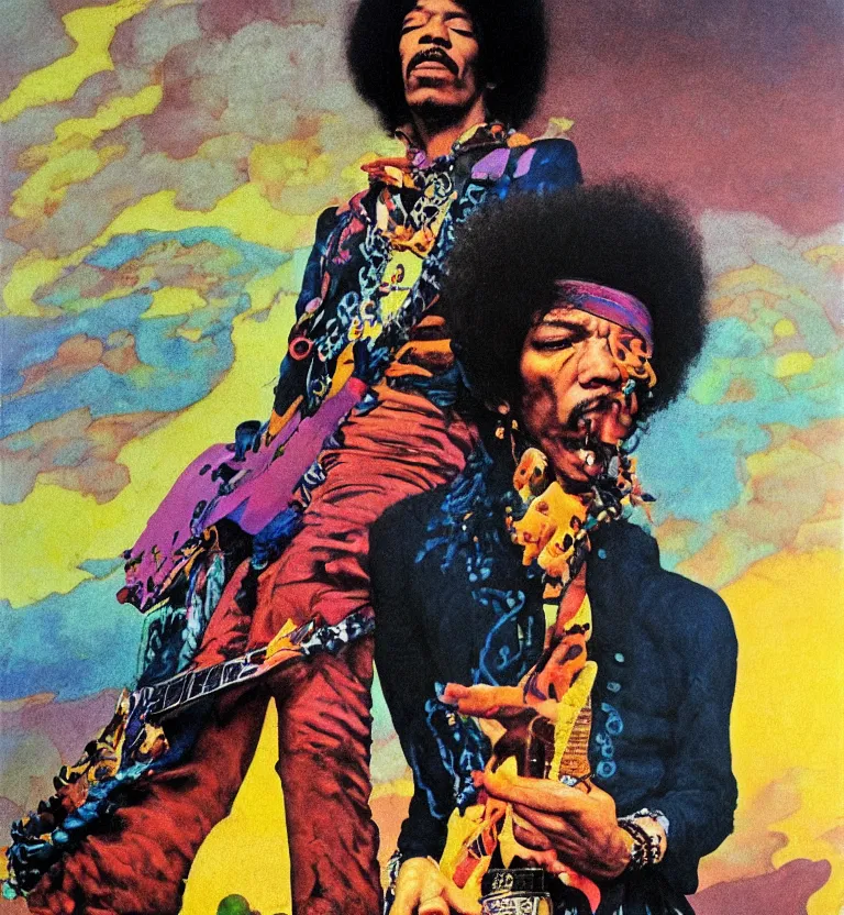 Prompt: colour portrait photography of jimi hendrix full body shot by annie leibovitz, pascal blanche, josh kirby, landscape in background by roger dean and syd mead and killian eng, james jean, giger, arthur rackham, moebius, beksinski, greg hildebrandt, 8 k