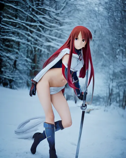 Image similar to photo of asuna from sao in winter location, asuna by a - 1 pictures, by greg rutkowski, gil elvgren, enoch bolles, glossy skin, pearlescent, anime, very coherent, film still, dslr, 3 5 mm canon