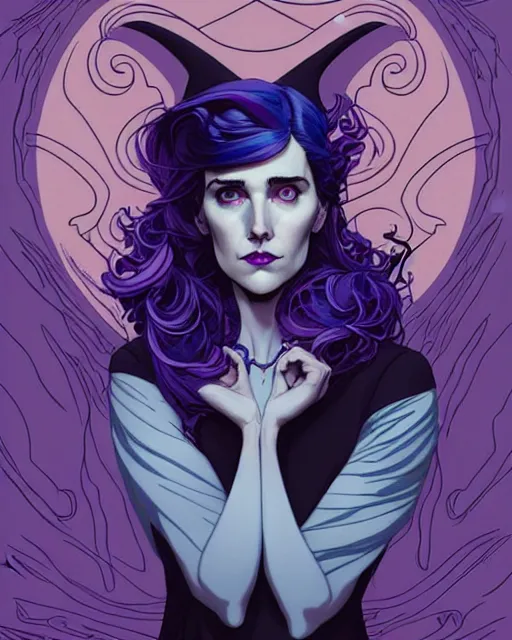 Image similar to in the style of Joshua Middleton comic art, beautiful witch spooky female, Jennifer Connelly, blue and purple glowing hair, perfect eyes perfect symmetrical eyes, symmetrical face, black magic, dark forest background, painterly style