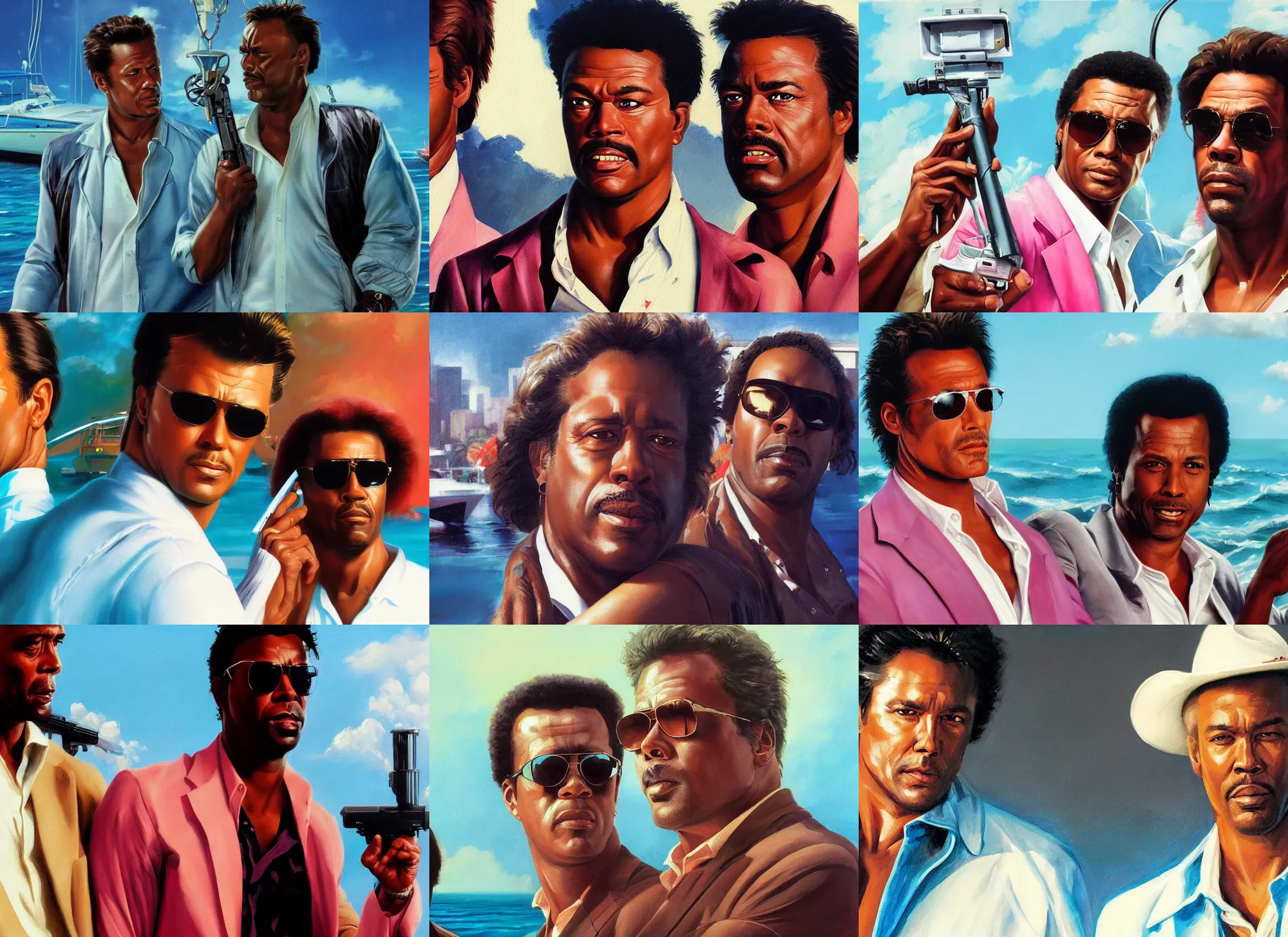 Prompt: a closeup portrait painting of crockett and tubbs in eighties miami vice on a boat, ultra realistic, highly detailed faces, true life, 8 k, masterpiece, cinematic, by frank frazetta, greg rutkowski, yoko taro, christian macnevin, beeple, wlop, krenz cushart, epic character art, dramatic lighting
