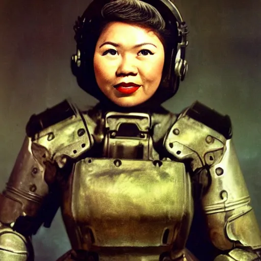 Image similar to A Filipino woman wearing Fallout 3 power armor, portrait, by Philippe Halsman