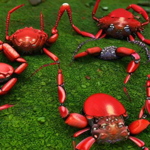 Prompt: large group of crabs and worms, crawling along a bed of moss, low poly, creeper world, handcrafted, artstation, hyperrealistic, hard light, best practices, creeptastic, photorealism, macro perspective, cuddly, Voidless of the Festival!, The Graveyard!!, Blood moon tentacles, outsider art!!!