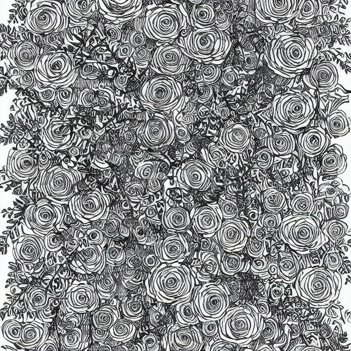 Image similar to line art drawing with a ranunculus surrounded by fern vines, black ink, ornate, detailed