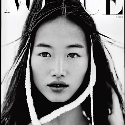 Image similar to a beautiful professional photograph by herb ritts and ellen von unwerh for the cover of vogue magazine of a beautiful lightly freckled and unusually attractive tibetan female fashion model looking at the camera in a flirtatious way, zeiss 5 0 mm f 1. 8 lens