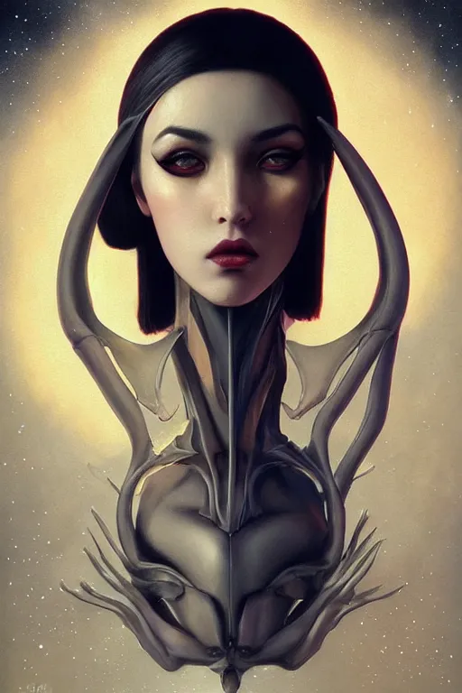 Image similar to portrait of an elegant alien queen, straight on portrait, by artgerm, tom bagshaw, gerald brom, vaporwave colors, lo - fi colors, vaporwave, lo - fi, moody vibe, goth vibe, 4 k, hd,