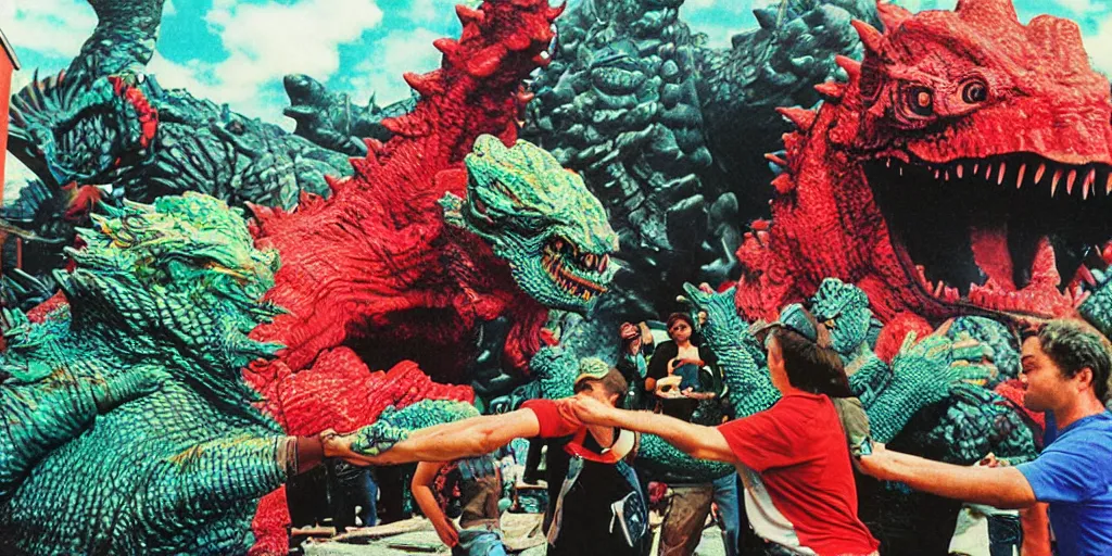 Image similar to Cthulu arm wrestling Godzilla, vivid colors, daylight, photo real, 1992, Eastman EXR 50D 5245/7245, close-up action first-person perspective