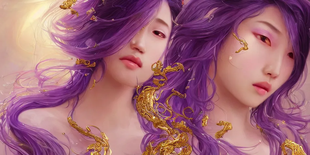 Image similar to asian nymph goddess flowing purple hair twisting in sensual pose with golden tattoes of cursive sigils on her opalescent skin, fantasy, intricate, very beautiful, elegant, golden light, highly detailed, digital painting, artstation, concept art, smooth, sharp focus, unreal engine, art by wlop and tian zi and alphonse mucha