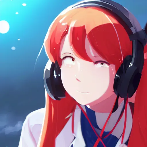 Prompt: high quality portrait of a white long hair red eyed young cute girl wearing a headset. art by makoto shinkai, crunchyroll, pixiv, danbooru, hd, headshot, cinematic still, detailed anime face, bokeh, digital art, cel shading, vivid colors, ambient lighting