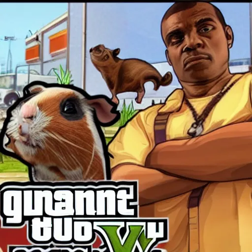 Image similar to a guinea pig in the style of gta 5 cover art