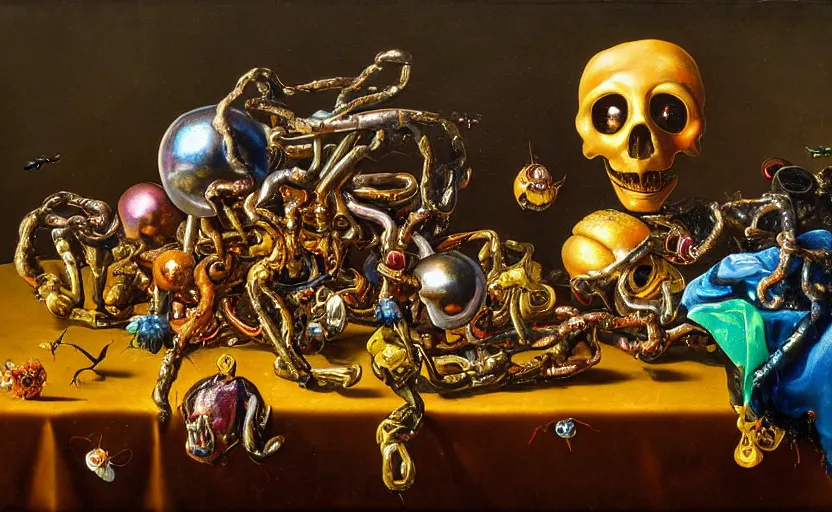 Prompt: disturbing colorful oil painting dutch golden age vanitas still life deep perspective with bizarre recursive humanoid faces strange beautiful flowers metal objects shiny gooey surfaces shiny metal bizarre insects rachel ruysch dali todd schorr very detailed perfect composition rule of thirds masterpiece canon 5 0 mm, cinematic lighting, chiaroscuro