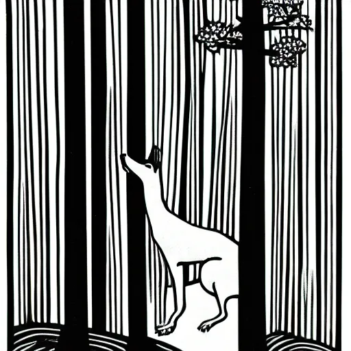 Image similar to minimalist linocut, black and white, greyhound in a forest