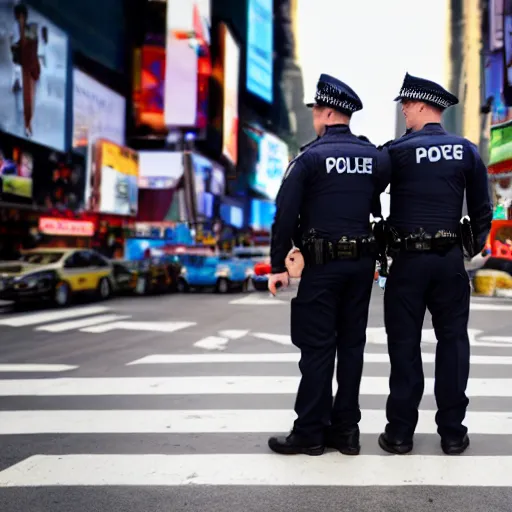 Image similar to 2 police officers handcuffing each other, smiling, time square, 4 k, photography