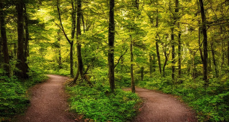 Prompt: A landscape photo of beautiful forest pathway scenery. PROMPT, XF IQ4, 150MP, 50mm, f/1.4, ISO 200, 1/160s, natural light, Adobe Photoshop, Adobe Lightroom, DxO Photolab, Corel PaintShop Pro, rule of thirds, symmetrical balance, depth layering, polarizing filter, Sense of Depth, AI enhanced