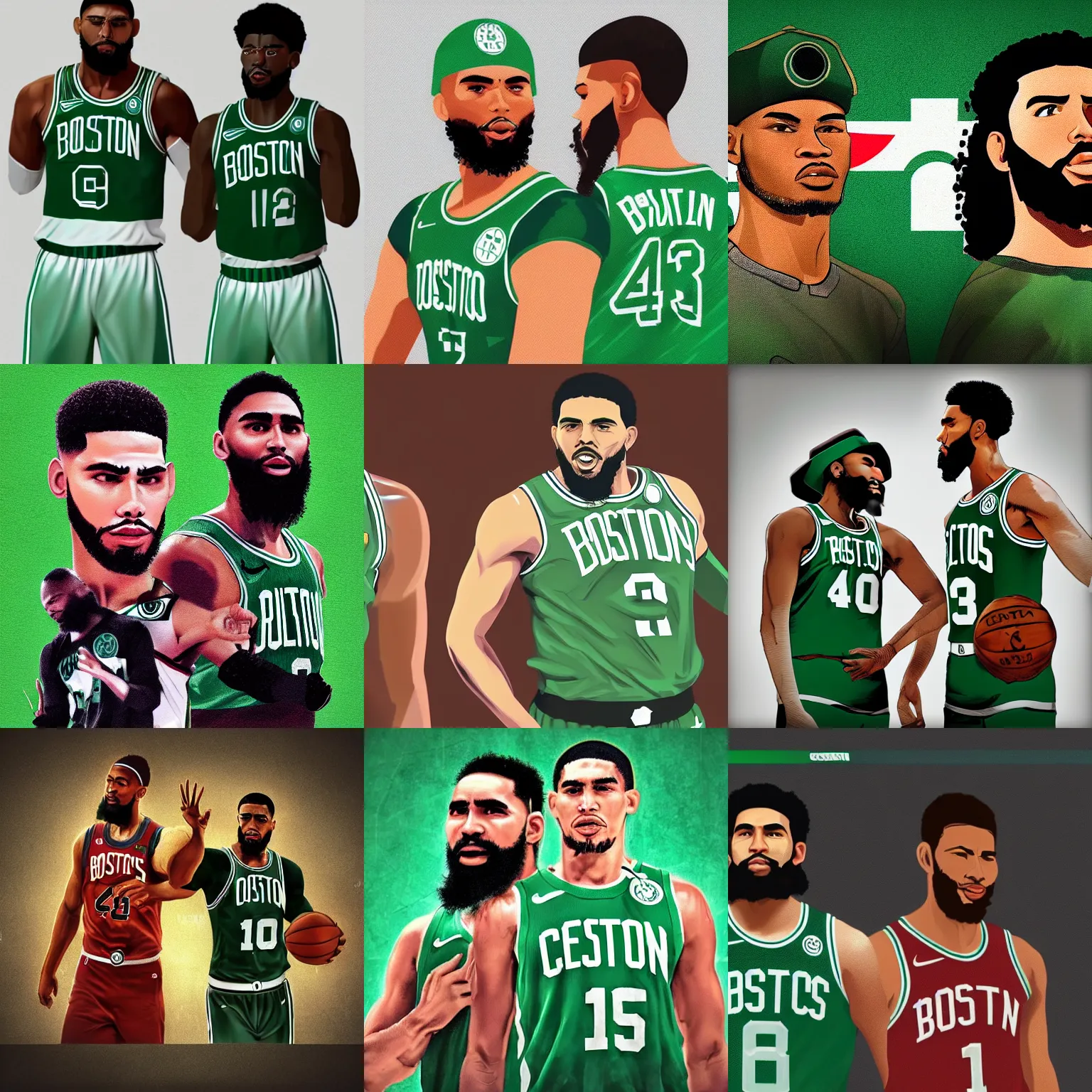 Prompt: Boston Celtics Jayson Tatum and Boston Celtics Jaylen Brown as Fidel Castro and Che Guevara, digital art trending on artstation octane render