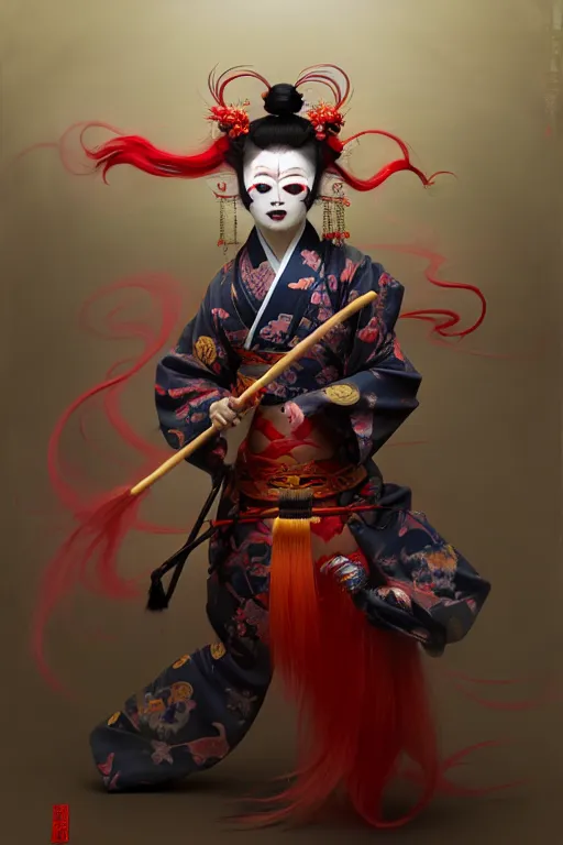 Image similar to an insane kabuki warrior wielding a spear while emitting a visible aura of madness, intricate kimono, red wig, crossed eyes, hazy atmosphere, high energy, in the style of fenghua zhong and ruan jia and jeremy lipking and peter mohrbacher, mystical colors, rim light,