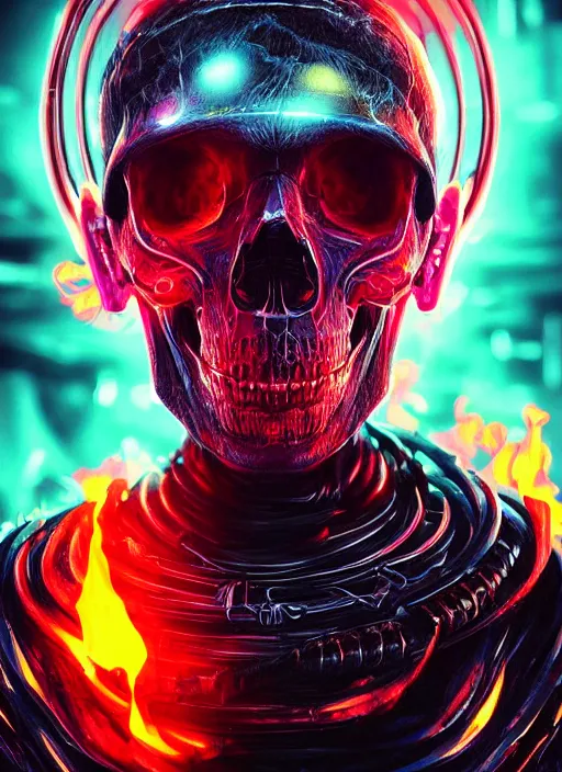 Image similar to a futuristic skull with glowing eyes and a flame fire background, cyberpunk art by android jones, behance contest winner, computer art, darksynth, synthwave, rendered in cinema 4 d