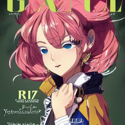 Image similar to Magazine Cover Anime key visual of a Gucci girl; official media; typography; drawn by Hirohiko Araki; Jojo's Bizarre Adventure; Jojolion, portrait, made by Stanley Artgerm Lau, WLOP, Rossdraws, James Jean, Andrei Riabovitchev, Marc Simonetti, Yoshitaka Amano, ArtStation