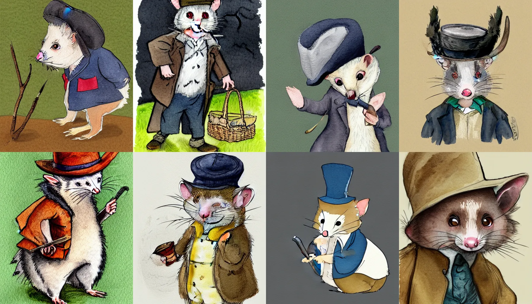 Prompt: a watercolour illustration of a Virginia opossum dressed as a detective with a deerstalker hat against a white background, in the style of Beatrix Potter, trending on ArtStation, 4K, award-winning HD masterpiece