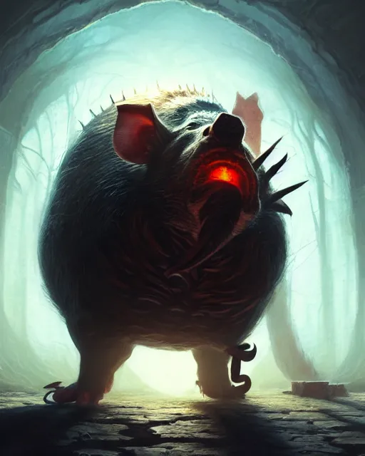 Image similar to Giant Hog scared of mouse, medium shot, fear, D&D, artstation, fantasy, magic the gathering artwork, cinematic lighting, centered, symmetrical, highly detailed, digital painting, , concept art, smooth, sharp focus, illustration, volumetric lighting, epic Composition, 8k, art by Akihiko Yoshida and Greg Rutkowski and Craig Mullins, oil painting, cgsociety