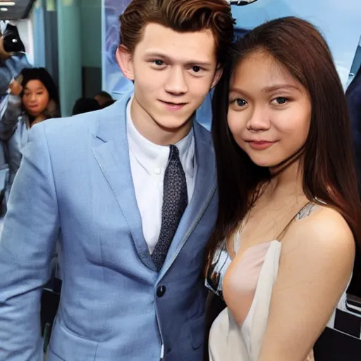 Image similar to Tom Holland with his arm around with a serious Filipina college girl