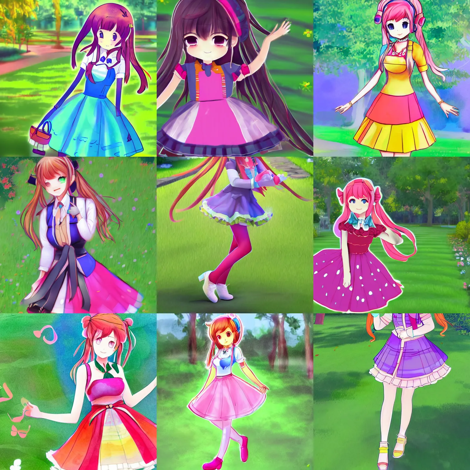 Prompt: cute art of monika in ddlc with colorful dress, walking on the green garden, detailed
