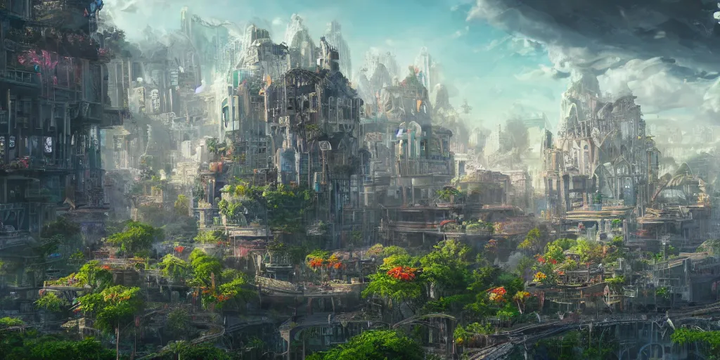 Prompt: a utopian city, filled with fauna, with building floating around everywhere, building cover with plant, dynamic lighting, fantasy concept art, trending on art station, stunning visuals, creative, cinematic, intricately detailed, unreal engine, 4 k