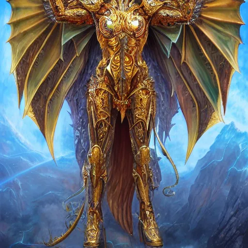 Image similar to a beautiful symmetrical muscular full body wearing a dragon armor with wings made of golden ornaments and gems, by alex gray and android jones , Karol Bak, Ayami Kojima, Amano , concept art, character design, fantasy,3D, 8k resolution