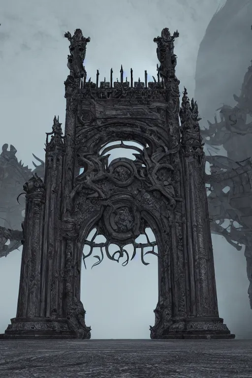 Image similar to a portal gate to hell. hyper - detailed. cast iron. ominous shapes. epic. sinister. medieval. hyper - realistic. octane render