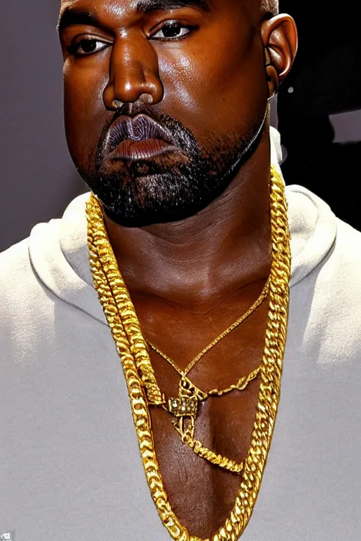 Prompt: kanye west wearing diamond miami cuban link chain with kanye head pendant made out of gold and diamonds