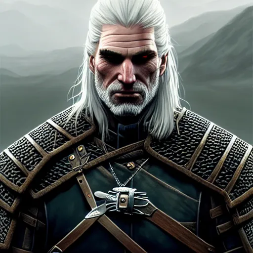 Prompt: geralt of rivia portrait, dramatic light, lake background, 2 0 0 mm focal length, painted by stanley lau, painted by greg rutkowski, painted by stanley artgerm, digital art, trending on artstation