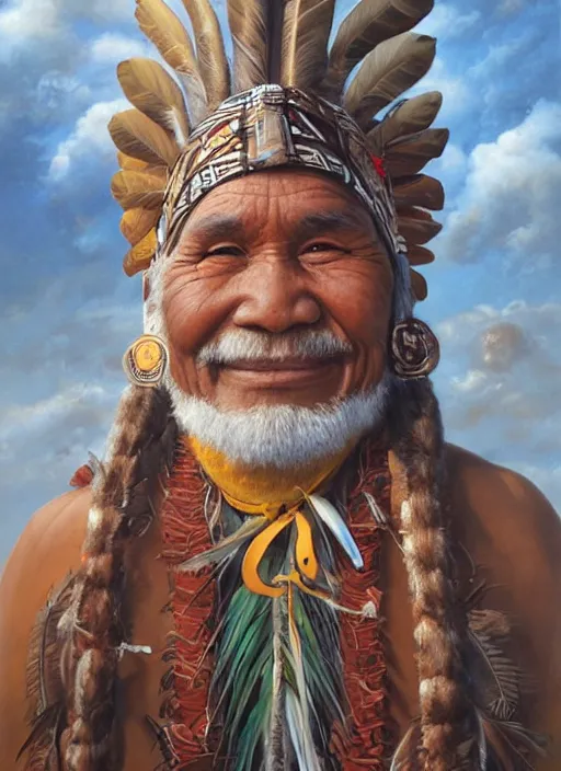 Image similar to faces of indigenous amazonian grandfathers and grandmothers spirits in the clouds, smiling, protection, benevolence, ancestors, detailed faces, religious painting, art by christophe vacher