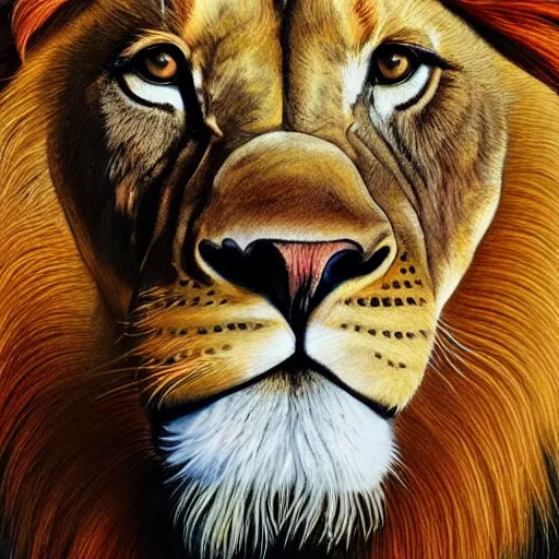 Prompt: Intricate five star Lion Roaring portrait by Anna Kullberg, Colored pencil on paper, high detail, skin texture, photo realistic, hyperrealism,matte finish, high contrast, 3d depth, masterpiece, vivid and vibrant colors, Prismacolor Pencils,artstationhd