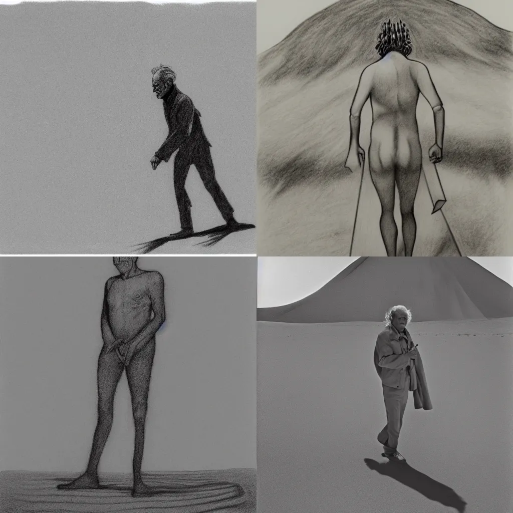 Prompt: Nicanor Parra walking through the desert in Dune like clothing, full figure shot, wide angle, black and white graphite drawing