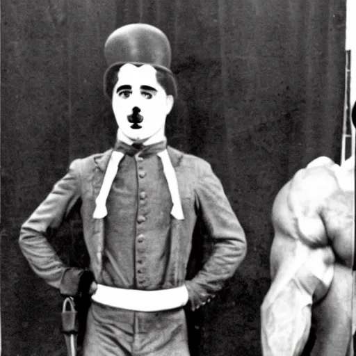 Image similar to A photo of a Charlie Chaplin posing at a bodybuilding contest