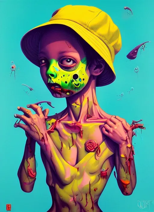 Image similar to a baby zombie in a yellow hat, tristan eaton, victo ngai, artgerm, rhads, ross draws