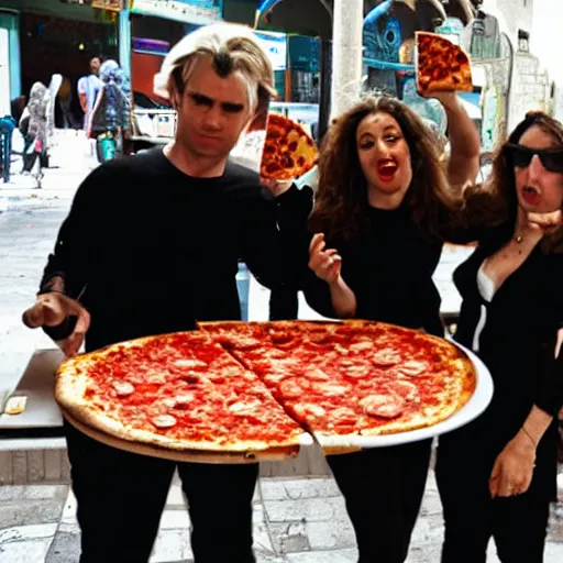 Image similar to a bunch of disco vampires eating pizza in tel aviv by monet