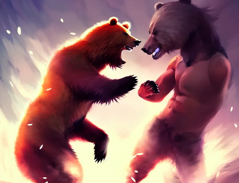 Prompt: asian male model fighting a bear, by nashimanga, anime illustration, anime key visual, beautiful anime - style digital painting by wlop, amazing wallpaper