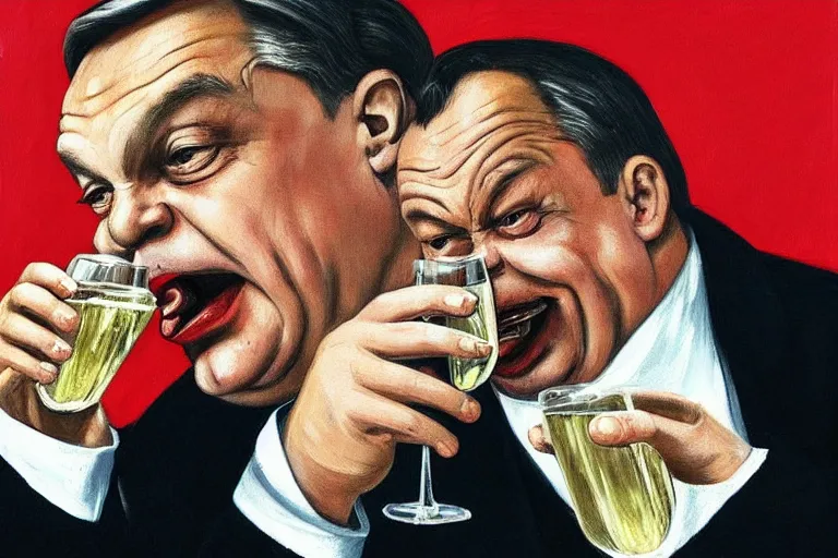 Image similar to viktor orban drinking champagne, smoking cigar, laughing hard, highly detailed face, inspired by edward hopper