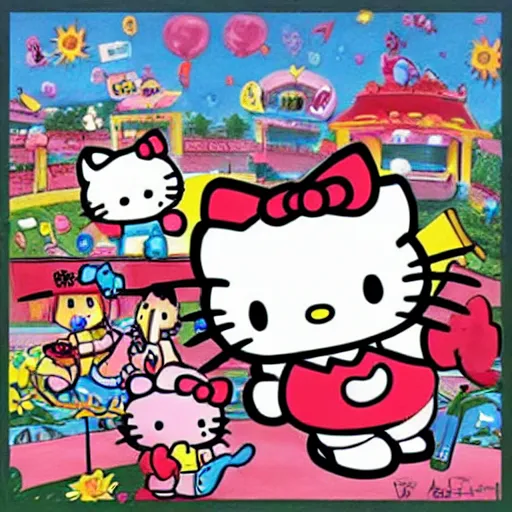 Prompt: painting of hello kitty and hello kitty friends and sanrio characters and playing outside on a sunny day, adventures of hello kitty and friends, by artgerm
