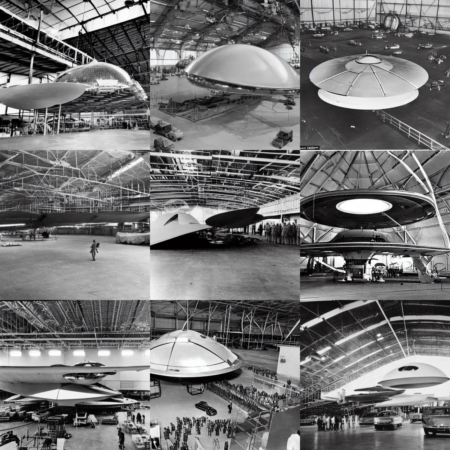 Prompt: 1960s photographic evidence of a small alien UFO spaceship being assembled by US Air Force in a hangar