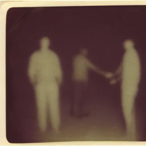 Prompt: two shadowy demons shaking hands and looking at the camera, horror, nightmare, terrifying, surreal, nightmare fuel, old polaroid, blurry, expired film, lost footage, found footage,